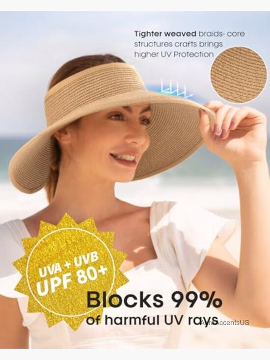 Straw Sun Visor Hat UPF 80+ Wide Brim Ponytail Summer Beach Hat
